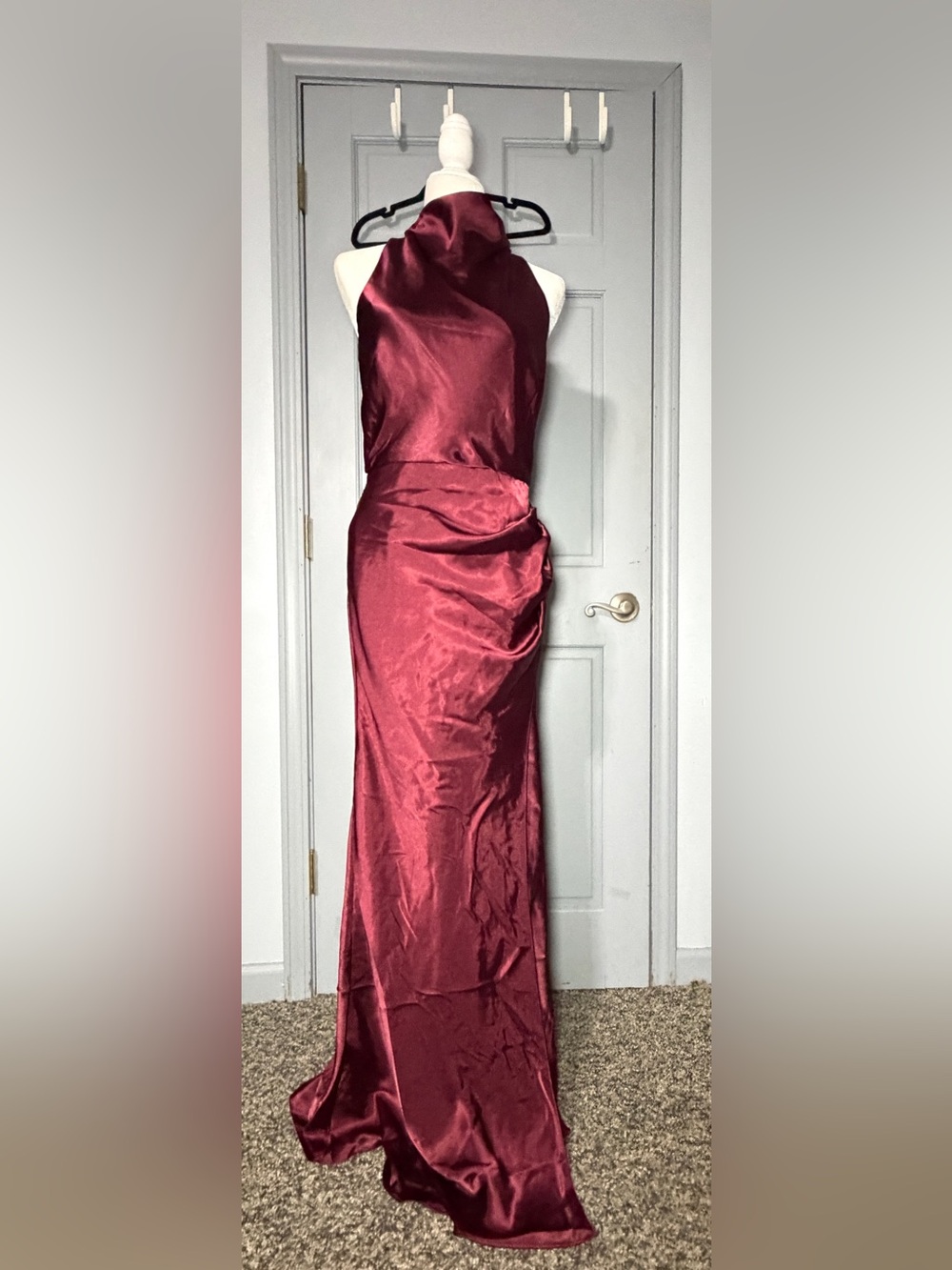 Betsy & Adam Satin Halter Maxi Dress in Burgundy